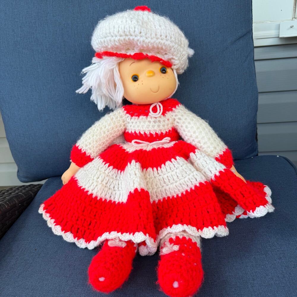 Vintage Ice Cream Doll Large Crocheted Red White Dress 1980s Toy 22" FLAW